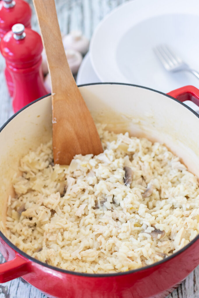 Quick healthy chicken rosotto seasoned to taste in large casserole pot and ready to serve.