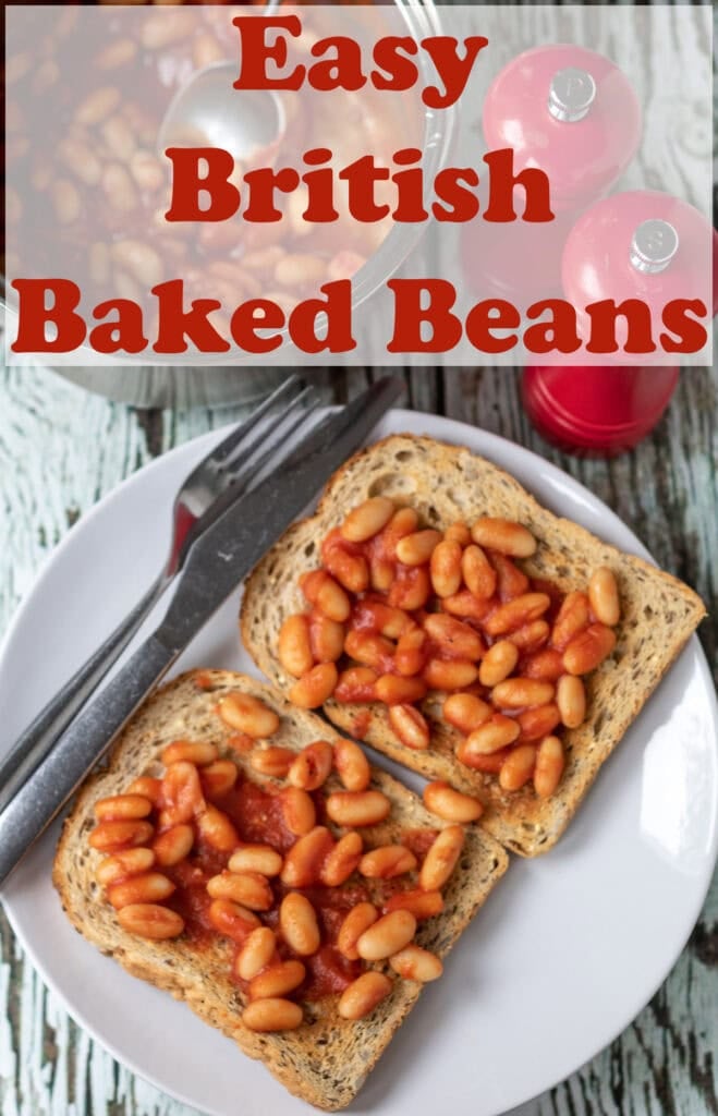 Overhead view of a plate with two slices of beans on toast. Knife and fork to the left side. Pin title text overlay at top.