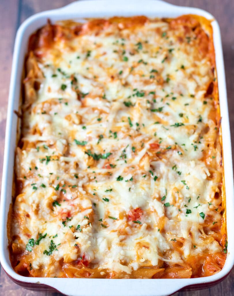 Baked easy creamy chicken pasta bake removed from oven.