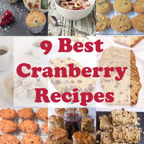Collage of 9 photographs of best cranberry recipes. Pin title in centre.