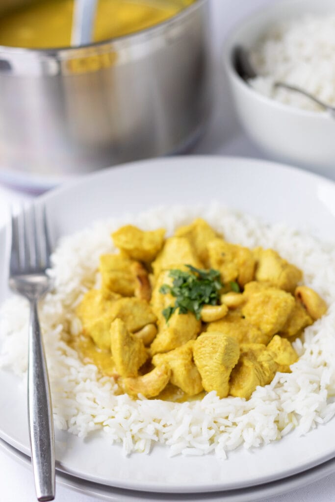 A plate of chicken cashew curry served on basmati rice garnished with chopped coriander, fork to the left hand side. Bowl of rice and rest of curry in saucepan at back.