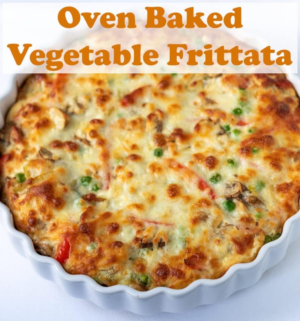Oven baked vegetable frittata in a quiche dish. Pin title text overlay at top.