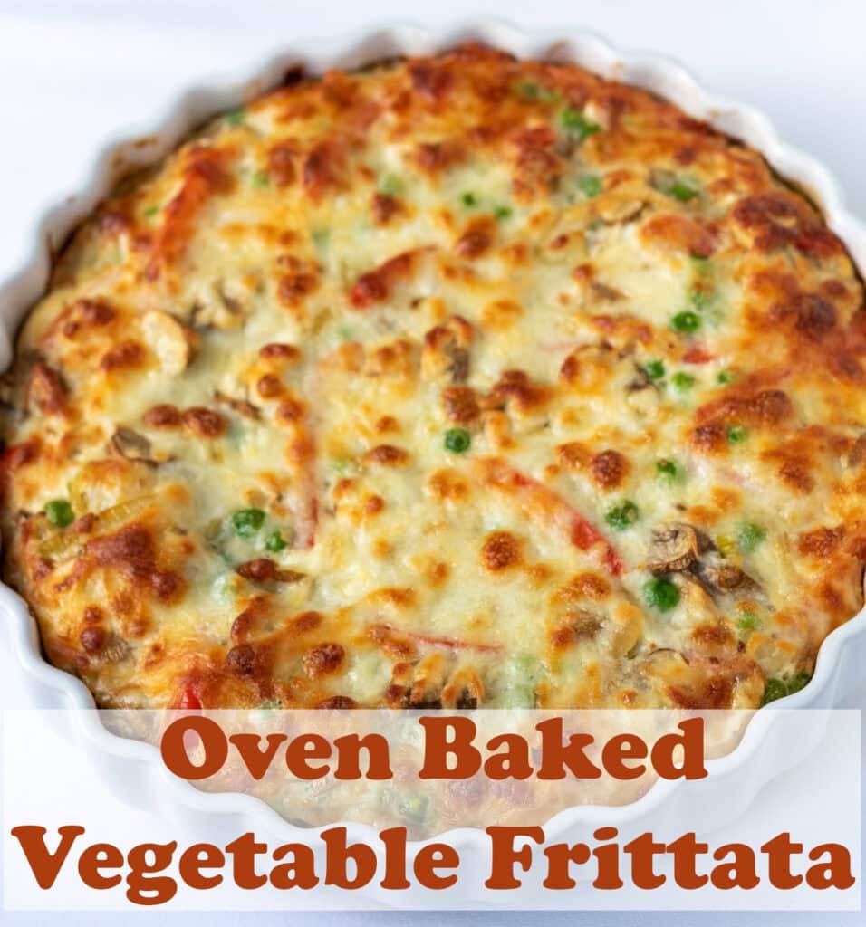 Oven baked vegetable frittata in a large baking dish. Pin title text overlay at bottom.