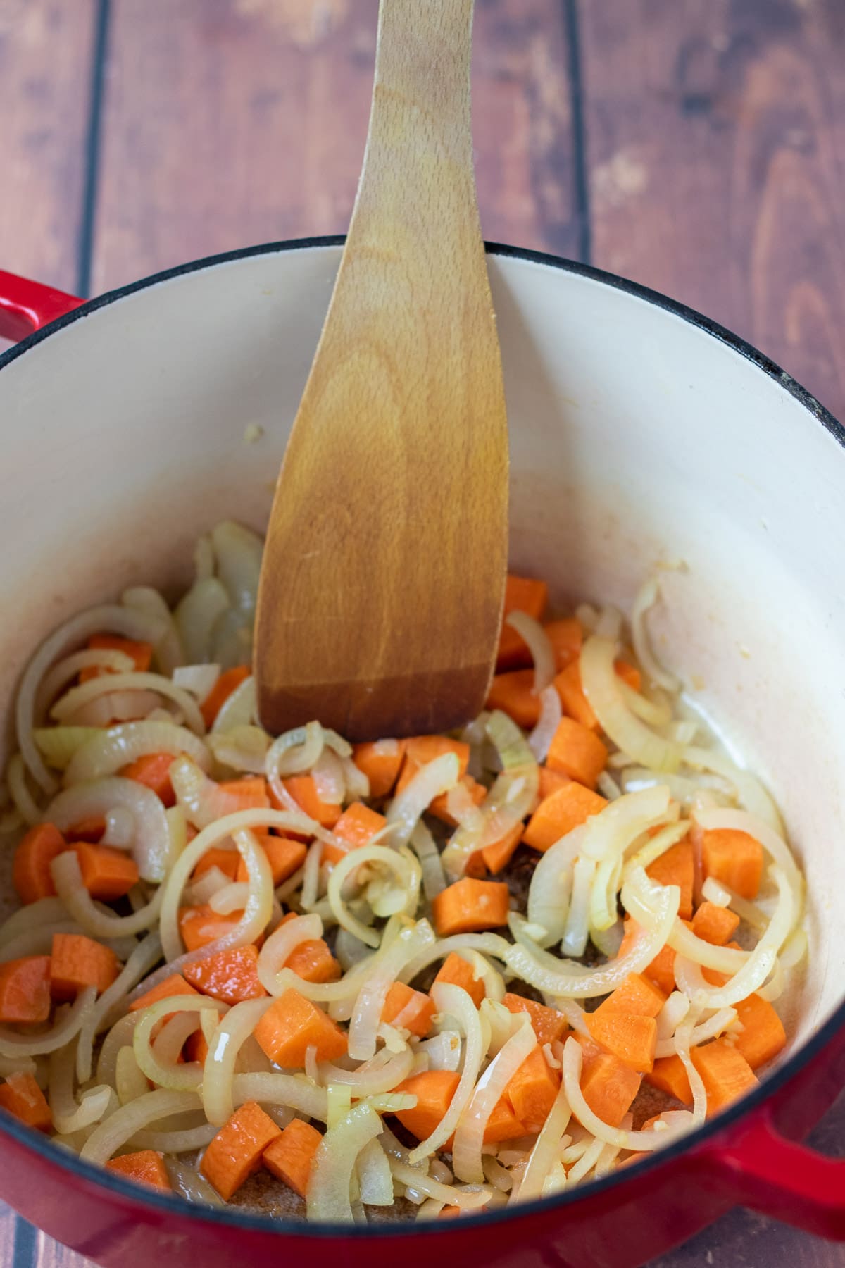 Diced carrot stirred in with the sautéd garlic and onion.