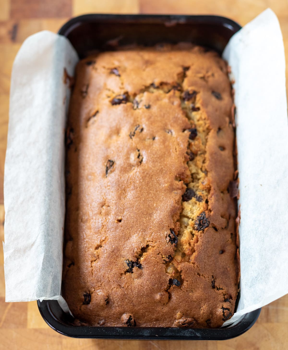 Baked easy fruit loaf cake removed from the oven.