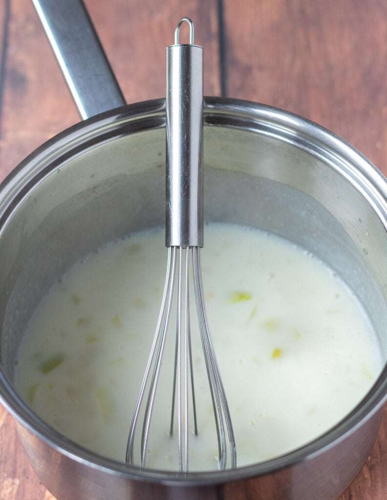 White sauce made in saucepan with the sauted onion.