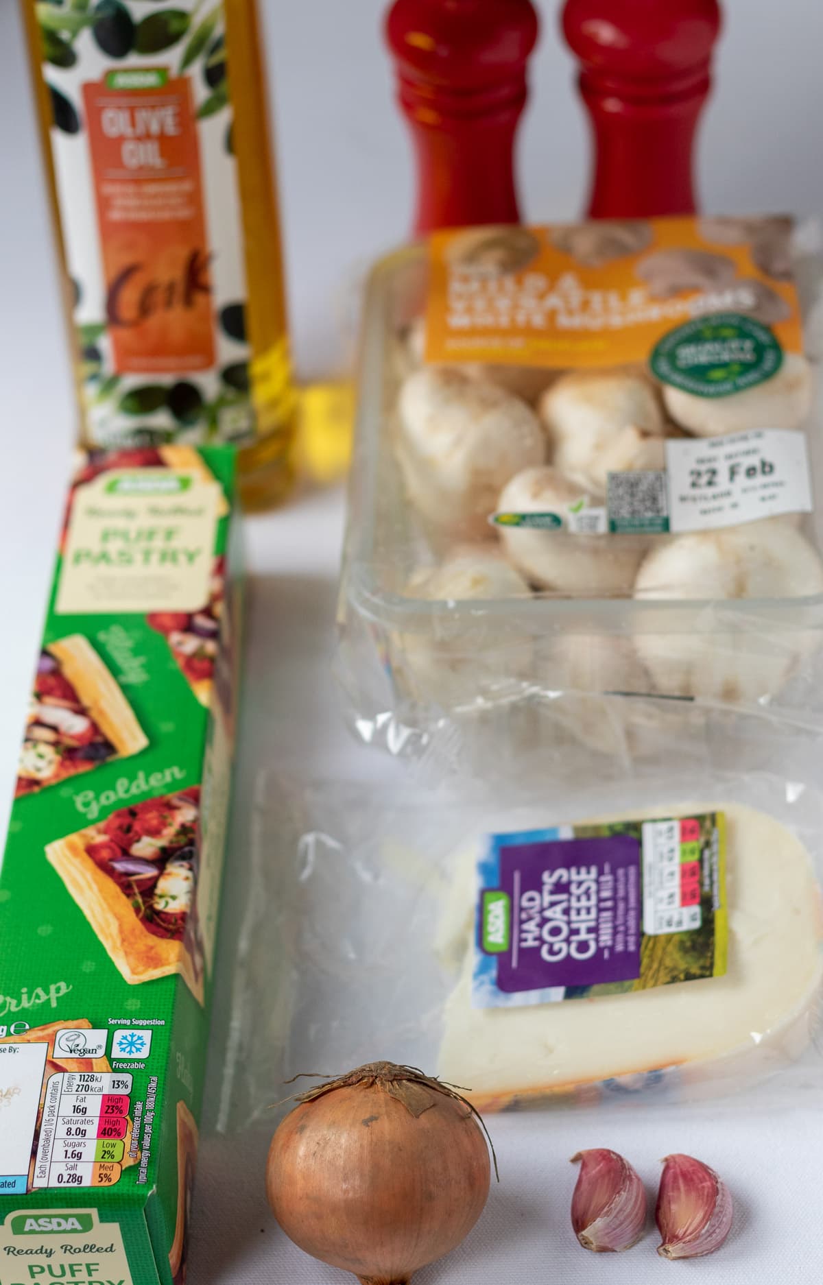 Garlic mushroom and goats cheese puff pastry tart ingredients.