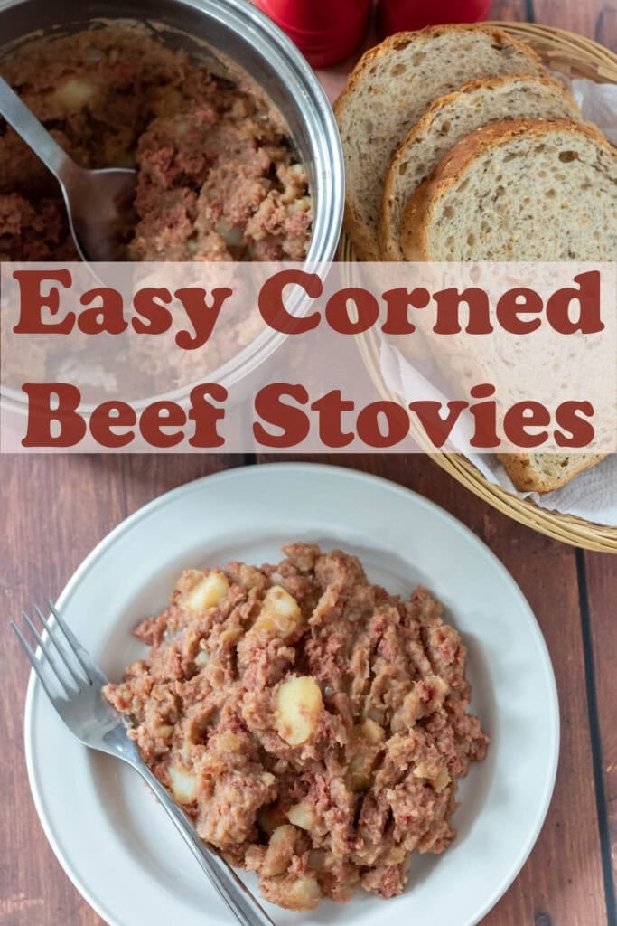 A plate of corned beef stovies at the bottom with a fork at the side. Above top left the rest of the stovies in a pot with a basket of sliced bread to the top right. Pin title text overlay through the middle.