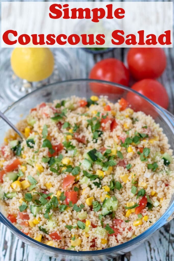 A bowl of simple couscous salad. Pin title text overlay at top.