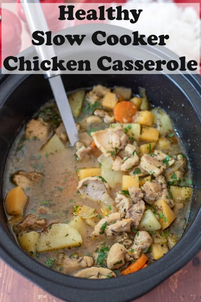 Overhead view of slow cooker chicken casserole in it's casserole dish with a serving spoon. Pin title text overlay at top.