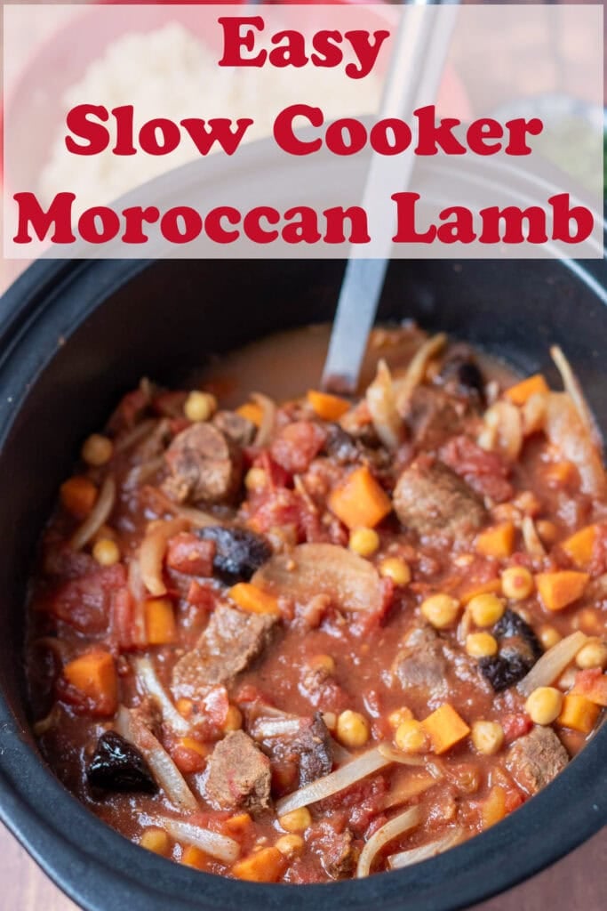 Easy slow cooker Moroccan lamb in slow cooker with a serving spoon. Pin title text overlay at top.