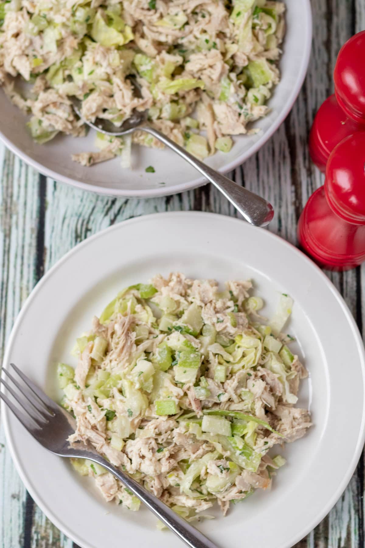 Overhead view of a plate with a serving of leftover turkey salad at the bottom with a fork alongside. Rest of the salad in a serving dish at the top with a serving spoon in. Salt and pepper cellars to the right.