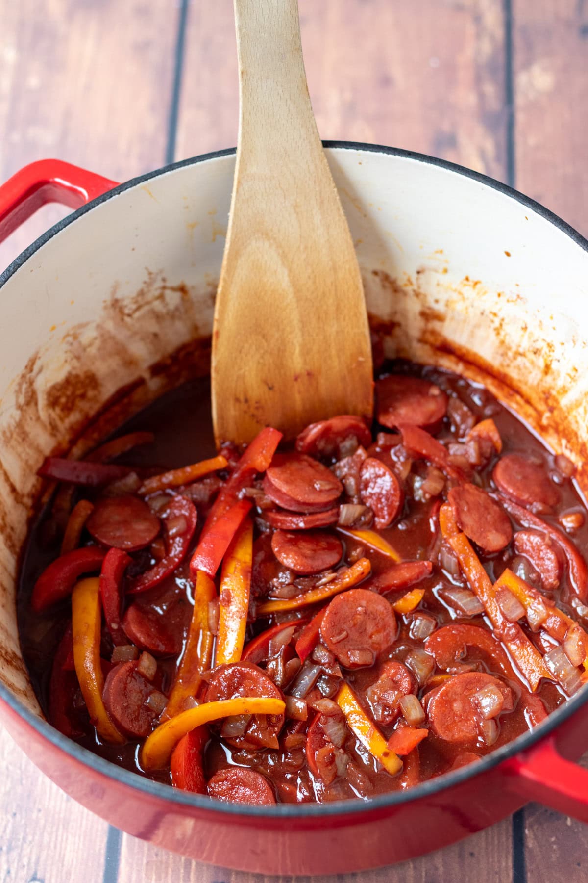 Spanish wine poured into a large casserole pot and used to deglaze the pot.