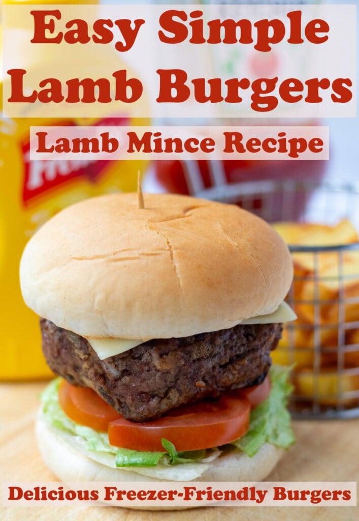 Lamb burger in a burger bun on top of iceberg lettuce and a slice of tomato. Text at top reads easy simple lamb burgers and lamb mince recipes. Text at bottom reads delicious freezer-friendly burgers.