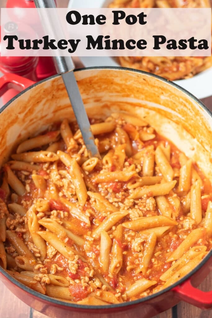 One pot turkey mince in a large casserole pot with a serving spoon in. Pin title text overlay at top.